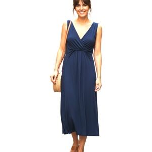 Navy Blue Twist‎ Front Low Plunge Neck Jersey Knit Midi Dress, Size Small